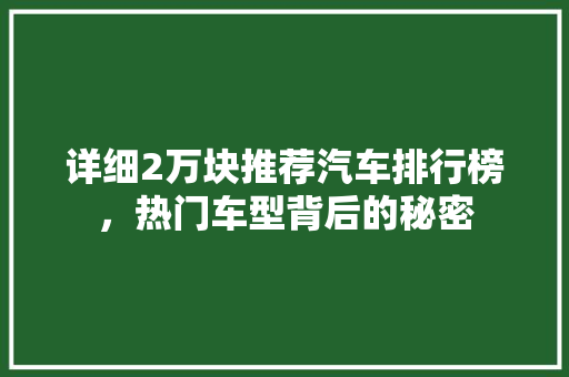 详细2万块推荐汽车排行榜，热门车型背后的秘密