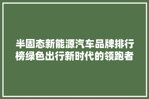 半固态新能源汽车品牌排行榜绿色出行新时代的领跑者