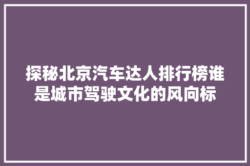 探秘北京汽车达人排行榜谁是城市驾驶文化的风向标