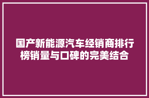 国产新能源汽车经销商排行榜销量与口碑的完美结合